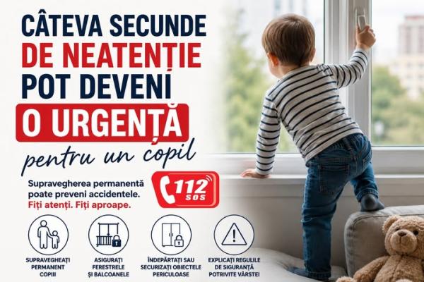 În contextul creșterii numărului de situații de urgență raportate prin intermediul numărului de urgență 112, în care au fost implicați minori, reamintim părinților, bunicilor și persoanelor responsabile de îngrijirea copiilor importanța supravegherii permanente și a respectării măsurilor de siguranță.  Copiii, în special cei de vârstă mică, pot fi expuși unor riscuri majore într-un timp foarte scurt. Multe accidente se produc în doar câteva secunde, iar o clipă de neatenție poate avea consecințe grave.  În 