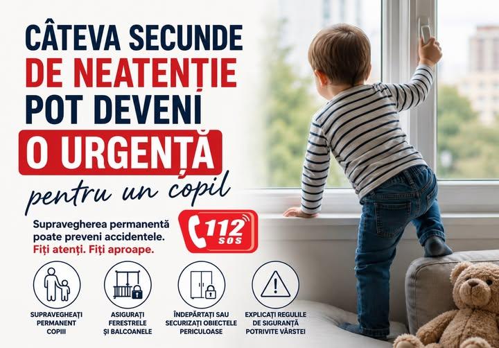 În contextul creșterii numărului de situații de urgență raportate prin intermediul numărului de urgență 112, în care au fost implicați minori, reamintim părinților, bunicilor și persoanelor responsabile de îngrijirea copiilor importanța supravegherii permanente și a respectării măsurilor de siguranță.  Copiii, în special cei de vârstă mică, pot fi expuși unor riscuri majore într-un timp foarte scurt. Multe accidente se produc în doar câteva secunde, iar o clipă de neatenție poate avea consecințe grave.  În 