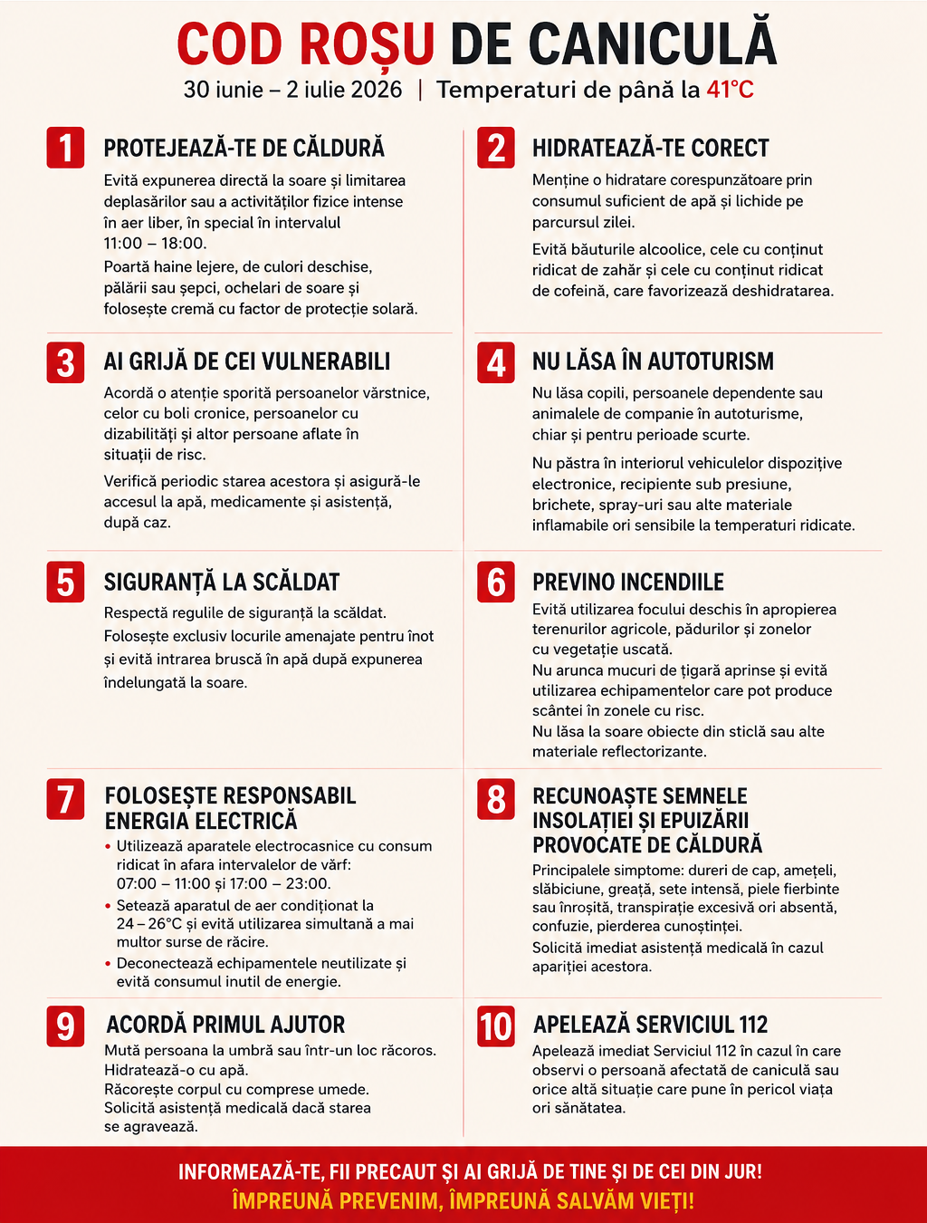 Recomandări pentru perioada de Cod Roșu de caniculă (30 iunie – 2 iulie 2026)